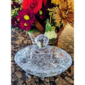 Lead Crystal Candy Trinket Dish with Lid Starburst Pattern Footed Bowl